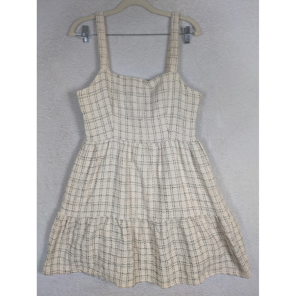 TCEC Plaid Tweed Fit & Flare Dress Women's Large Cream Black Sleeveless Tiered